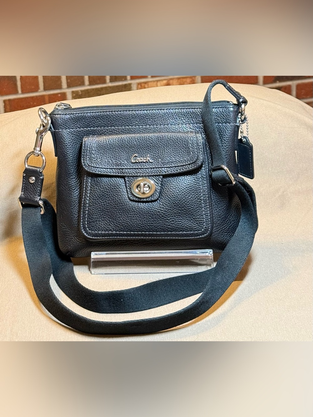 Coach Black Pebbled Leather Crossbody with Front Turnlock Pocket